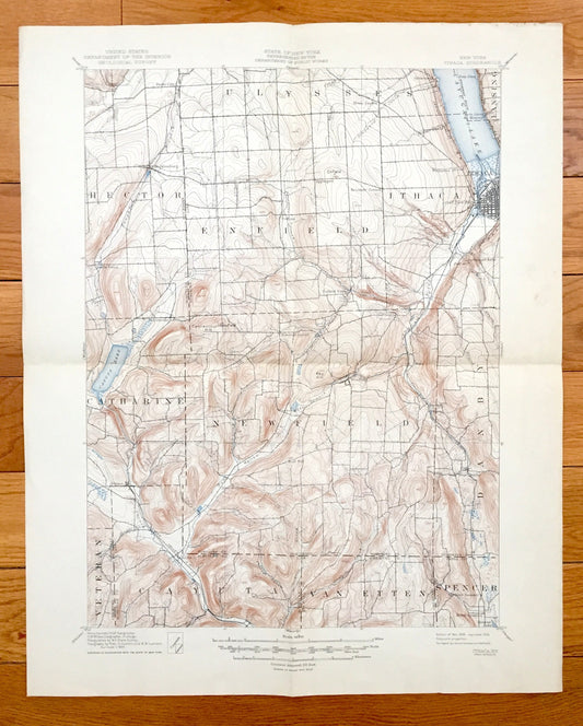 Antique Ithaca, New York 1895 US Geological Survey Topographic Map – Cayuga Lake, Cayuta Lake, Enfield, Tompkins, Schuyler, Tioga County, NY