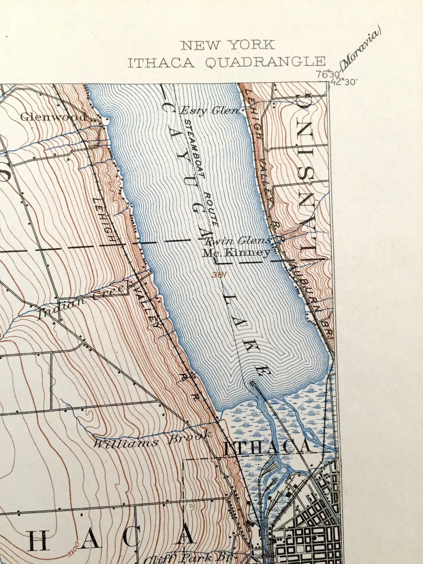 Antique Ithaca, New York 1895 US Geological Survey Topographic Map – Cayuga Lake, Cayuta Lake, Enfield, Tompkins, Schuyler, Tioga County, NY