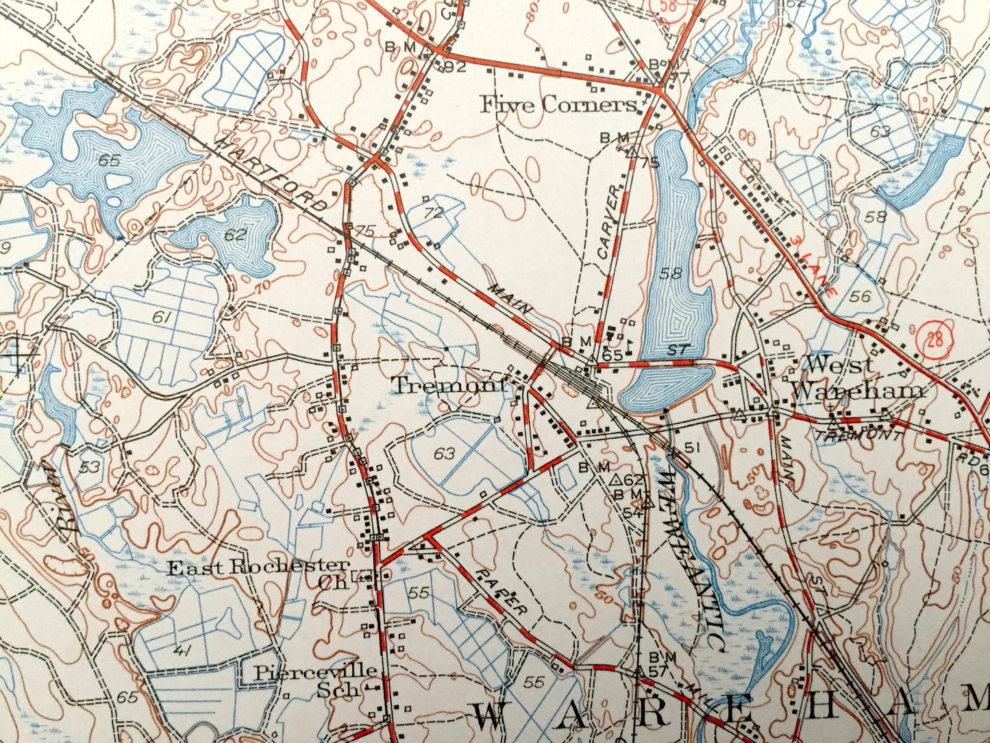 Antique Snipatuit Pond, Massachusetts 1942 US Geological Survey Topographic Map – Rochester, Middleborough, Carver, Wareham, Tremont, MA