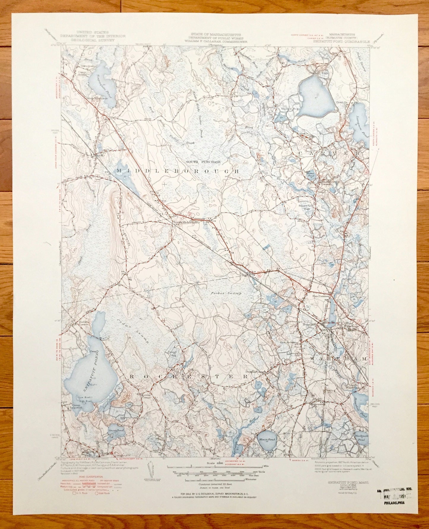 Antique Snipatuit Pond, Massachusetts 1942 US Geological Survey Topographic Map – Rochester, Middleborough, Carver, Wareham, Tremont, MA