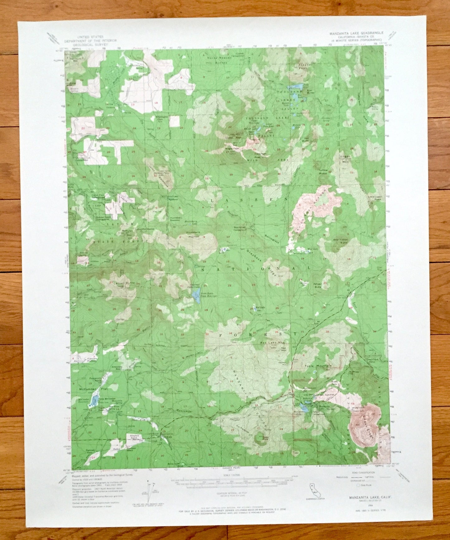 Antique Manzanita Lake, California 1956 US Geological Survey Topographic Map – Shasta County, Lassen Forest, Latour, Thousand Valley Lake CA