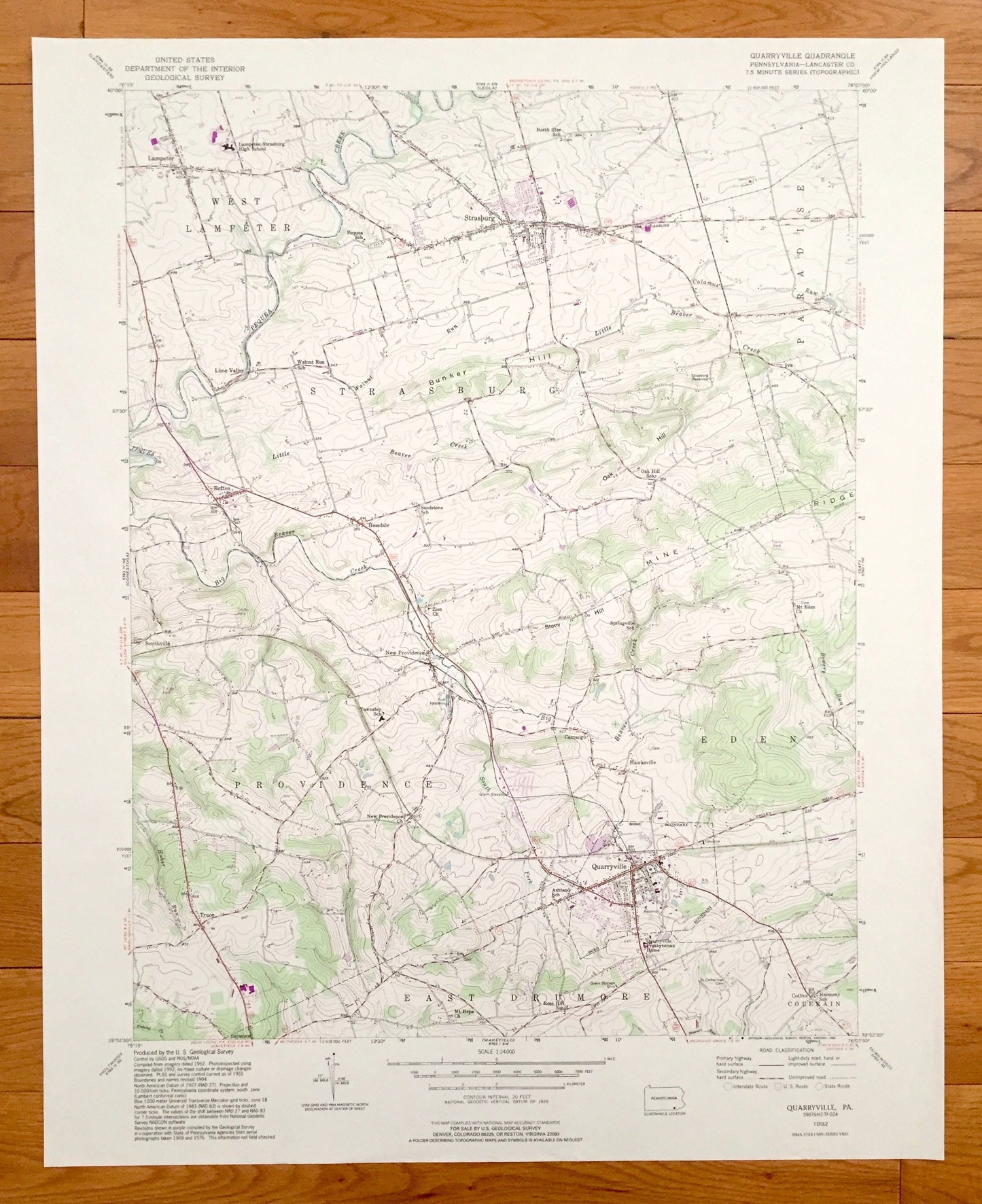 Antique Quarryville, Pennsylvania 1992 US Geological Survey Topographic Map – Lancaster County, New Providence Strasburg Lampeter Camargo PA