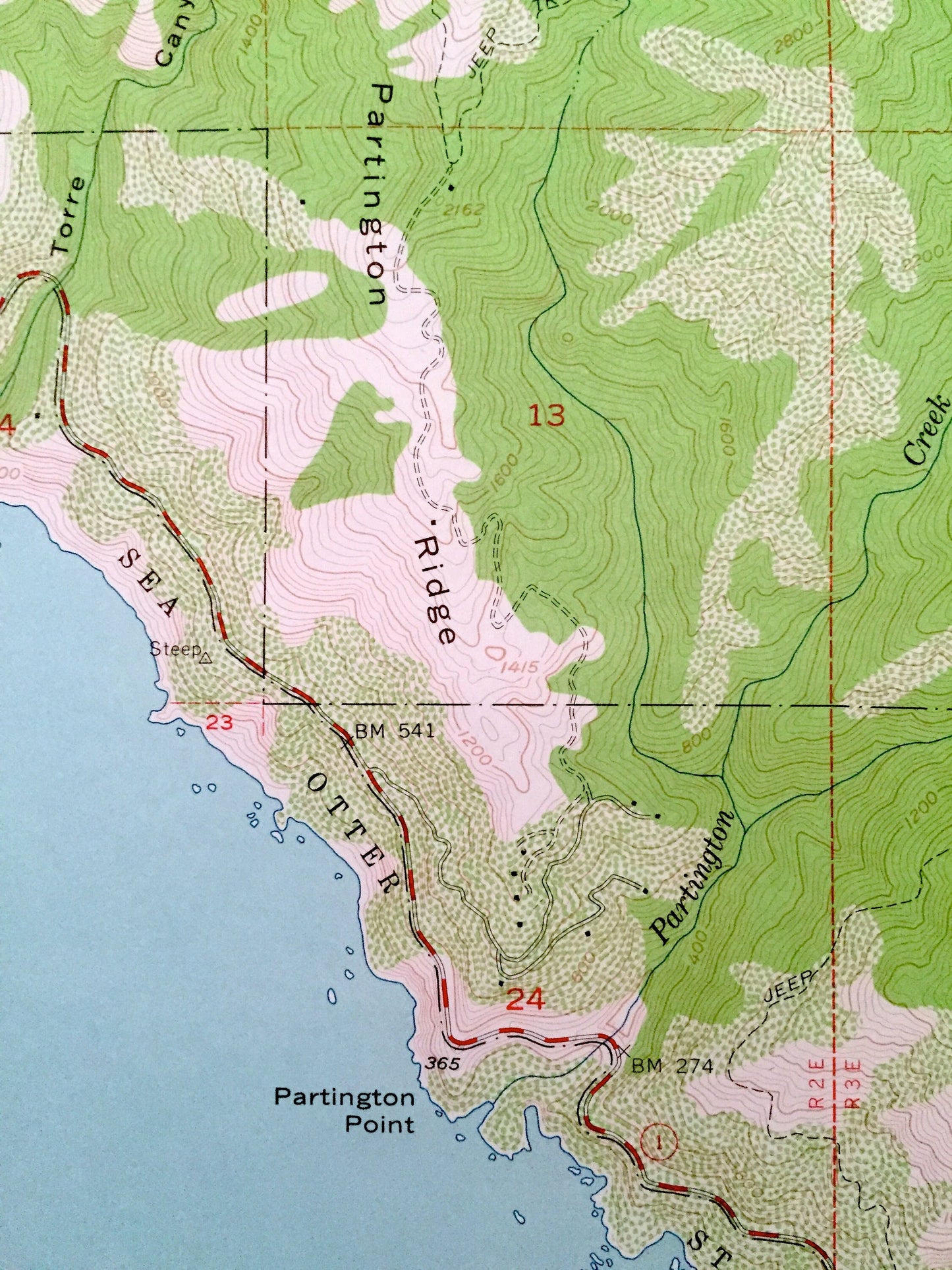 Antique Partington Ridge, California 1956 US Geological Survey Topographic Map – Monterey County, Pacific Ocean McWay Canyon Grimes Point CA