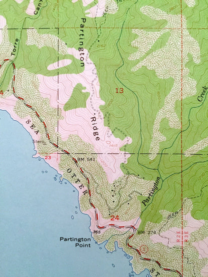 Antique Partington Ridge, California 1956 US Geological Survey Topographic Map – Monterey County, Pacific Ocean McWay Canyon Grimes Point CA