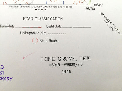 Antique Lone Grove, Texas 1956 US Geological Survey Topographic Map – Lockhart Mountain, Llano River, Cowen Rocks, Point Peak, Llano County