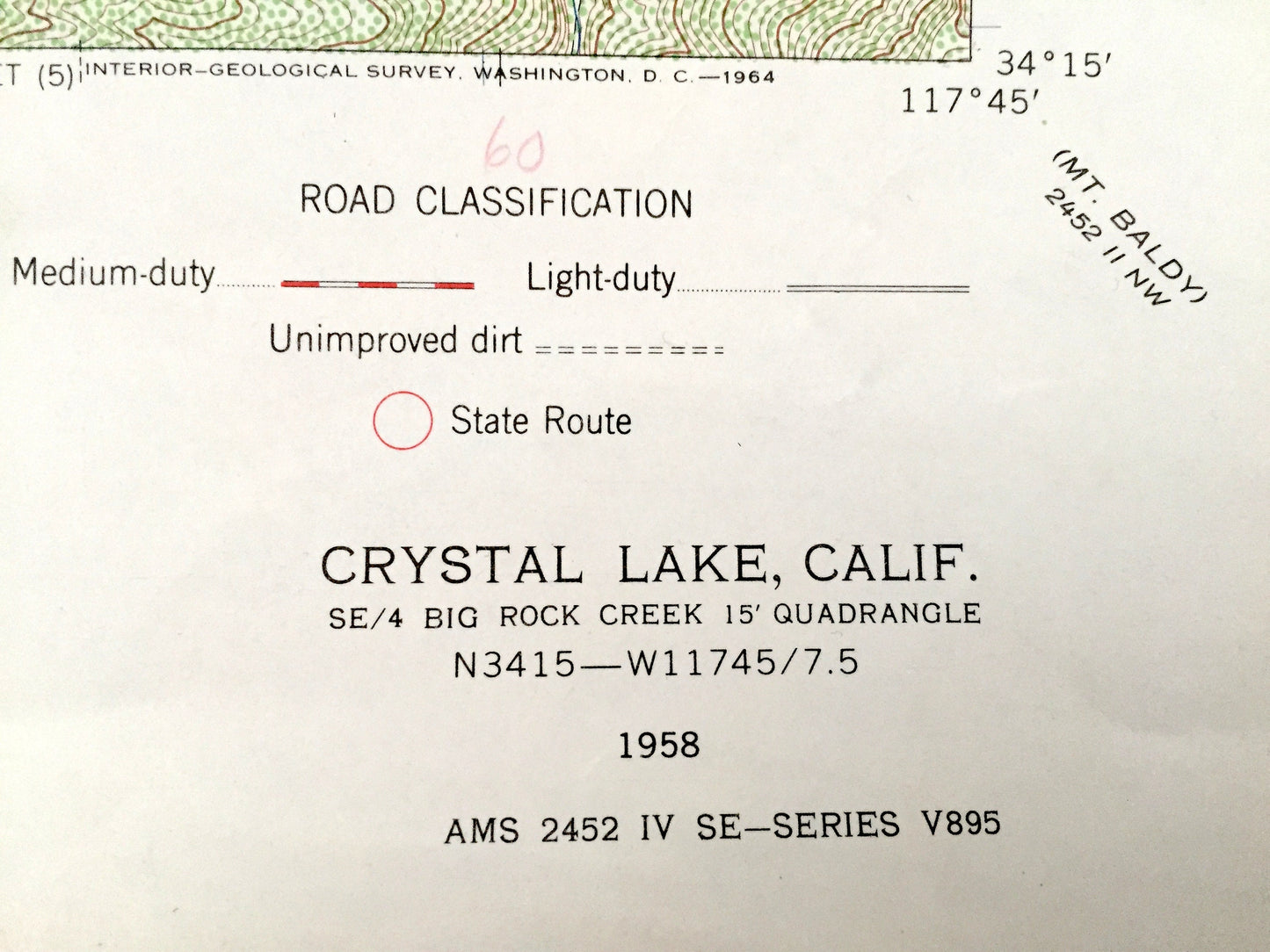 Antique Crystal Lake, California 1958 US Geological Survey Topographic Map – Los Angeles County, National Forest, South Mt. Hawkins, CA