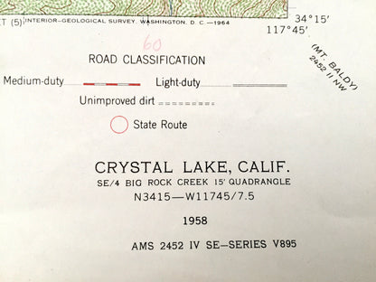 Antique Crystal Lake, California 1958 US Geological Survey Topographic Map – Los Angeles County, National Forest, South Mt. Hawkins, CA