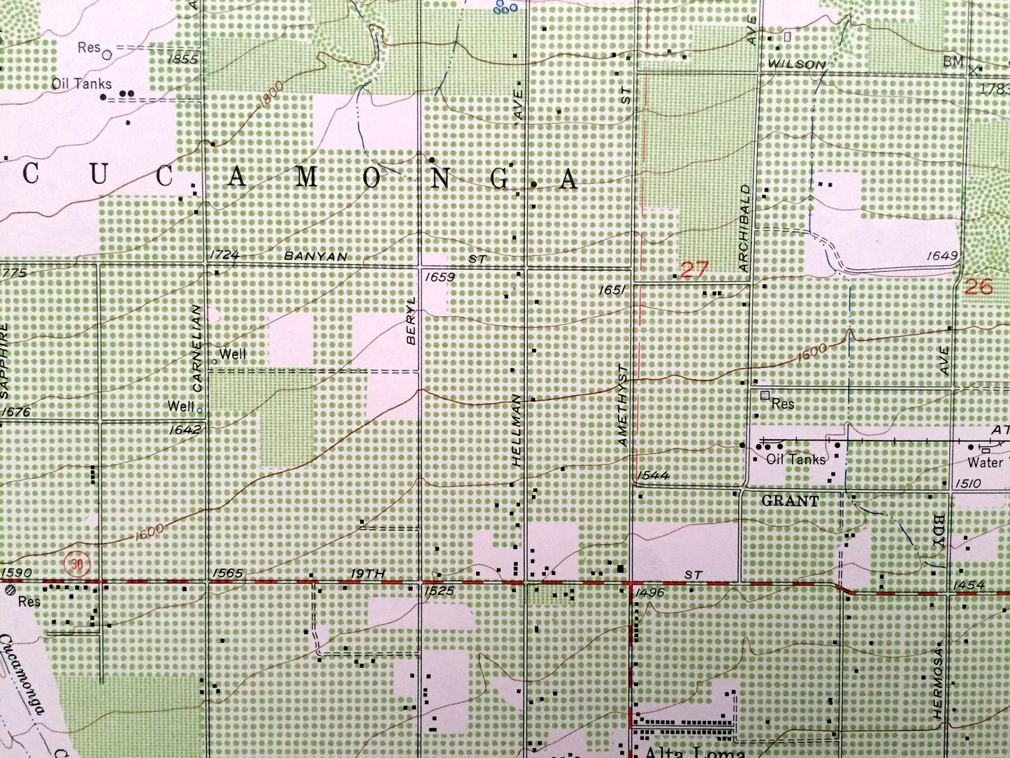 Antique Cucamonga Peak, California 1953 US Geological Survey Topographic Map –San Bernardino County, Cucamonga,Alta Loma, Grapeland,Etiwanda