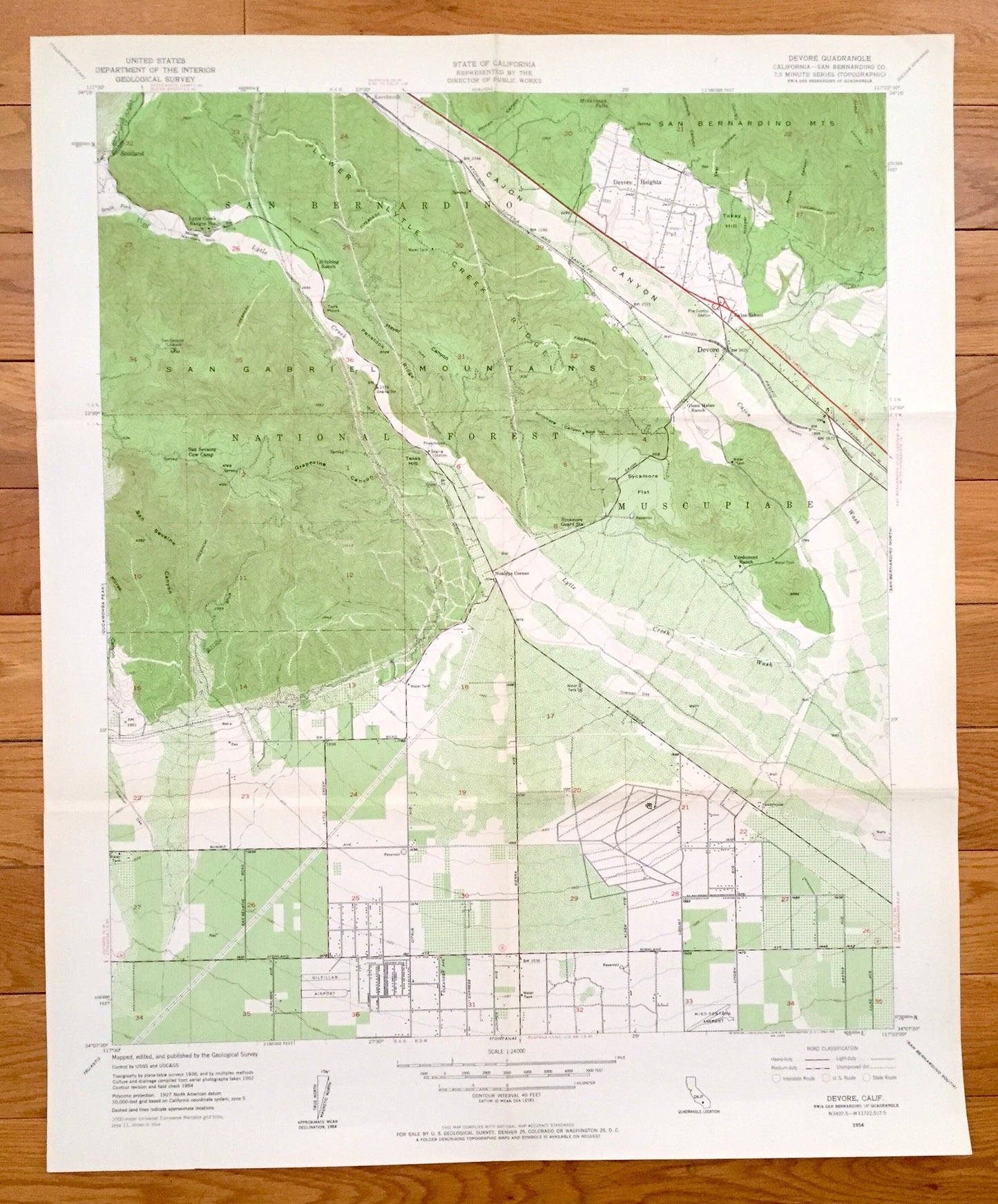 Antique Devore, California 1954 US Geological Survey Topographic Map – San Bernardino County, Nealeys Corner, Scotland, Muscupiabe CA