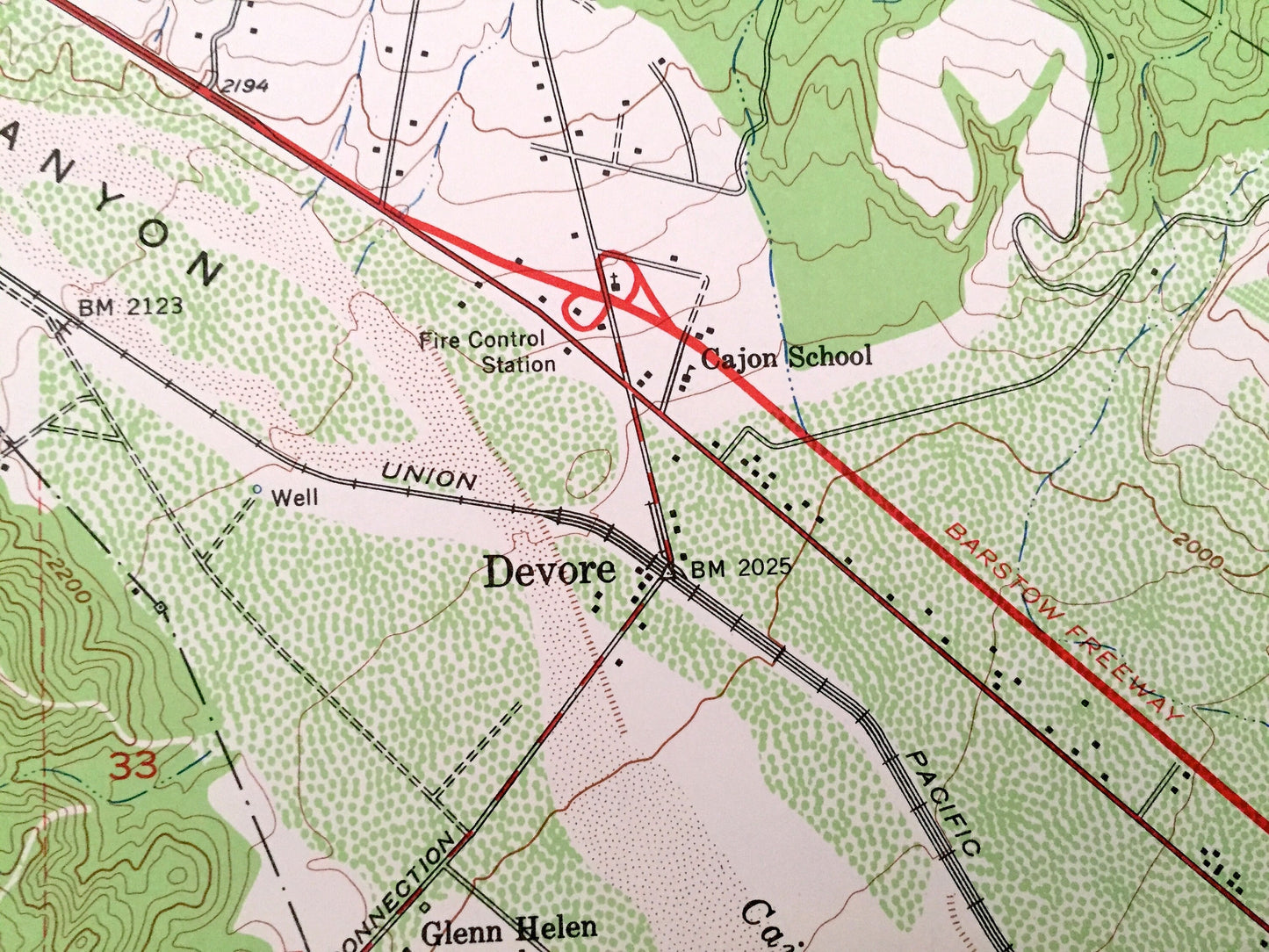 Antique Devore, California 1954 US Geological Survey Topographic Map – San Bernardino County, Nealeys Corner, Scotland, Muscupiabe CA