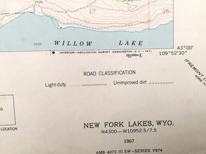 Antique New Fork Lakes, Wyoming 1967 US Geological Survey Topographic Map – Sublette County, Willow Lake, New Fork River, Little Flattop Mtn