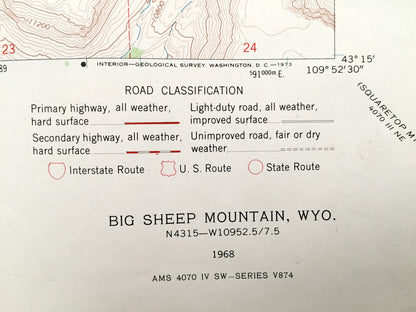 Antique Big Sheep Mountain, Wyoming 1968 US Geological Survey Topographic Map – Sublette County, Green River, Red Hill, Battleship Mountain