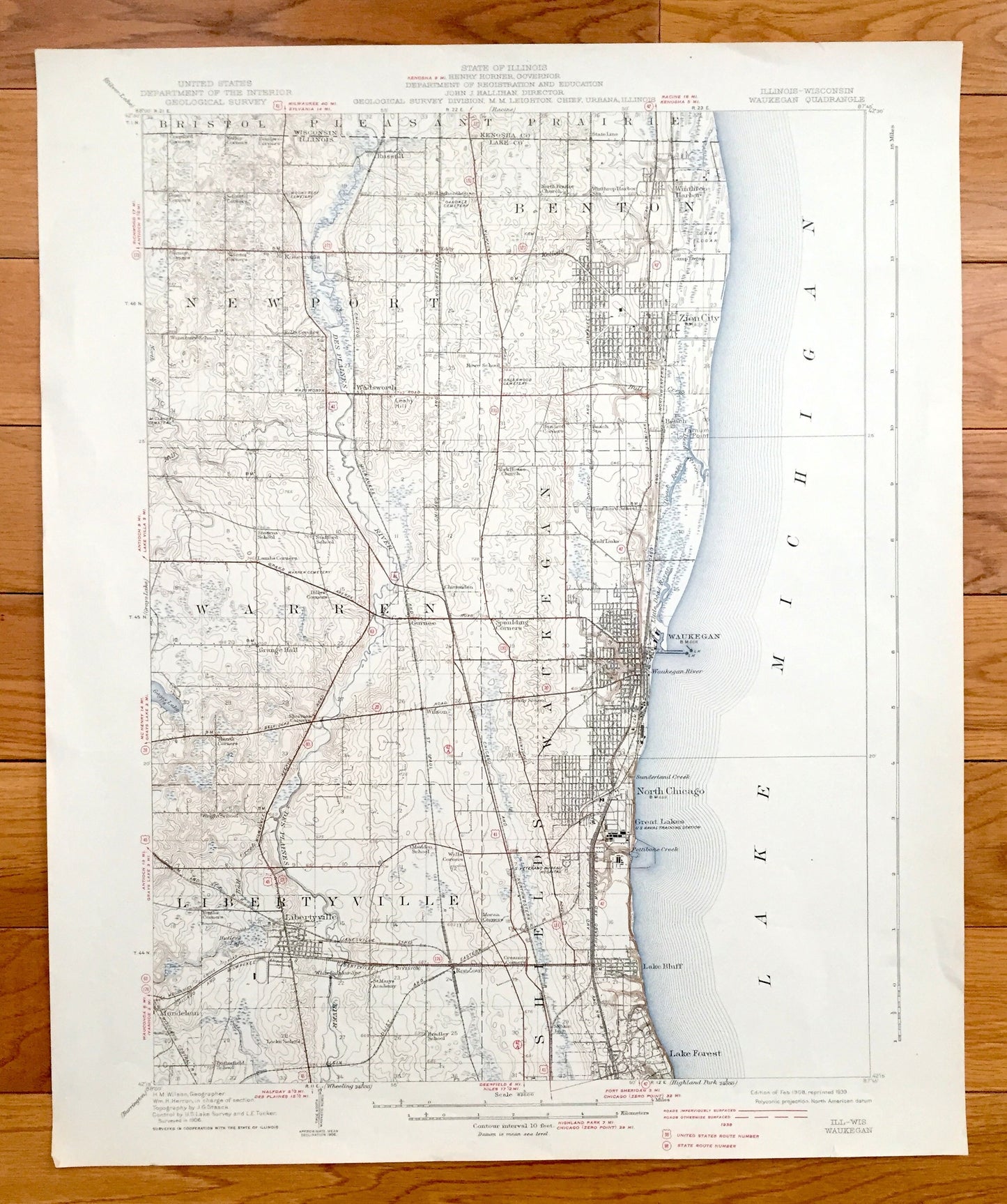 Antique Waukegan, Illinois 1908 US Geological Survey Topographic Map – North Chicago, Lake Bluff, Lake Forest, Zion City, Benton, Shields IL