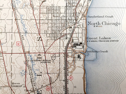Antique Waukegan, Illinois 1908 US Geological Survey Topographic Map – North Chicago, Lake Bluff, Lake Forest, Zion City, Benton, Shields IL