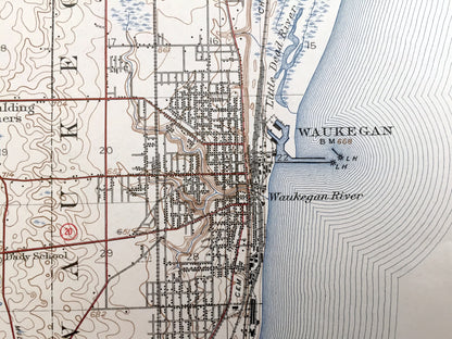 Antique Waukegan, Illinois 1908 US Geological Survey Topographic Map – North Chicago, Lake Bluff, Lake Forest, Zion City, Benton, Shields IL