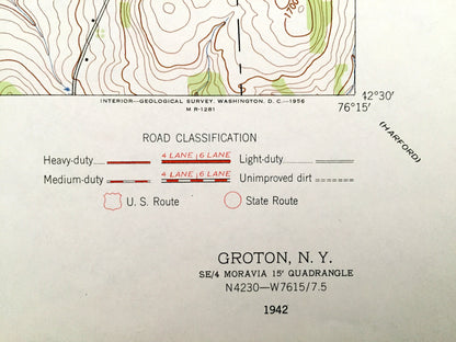 Antique Groton, New York 1942 US Geological Survey Topographic Map – Tompkins County, Locke, Dryden, Red Mills Virgil Freeville Peruville NY