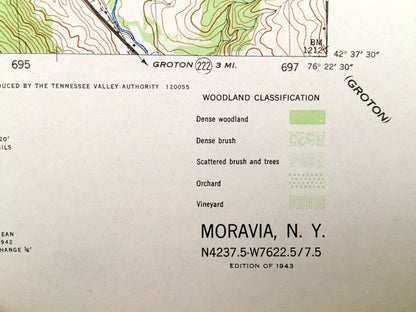 Antique Moravia, New York 1943 US Geological Survey Topographic Map – Venice, Genoa, Locke Montville Fillmore Glen Cayuga Tompkins County NY