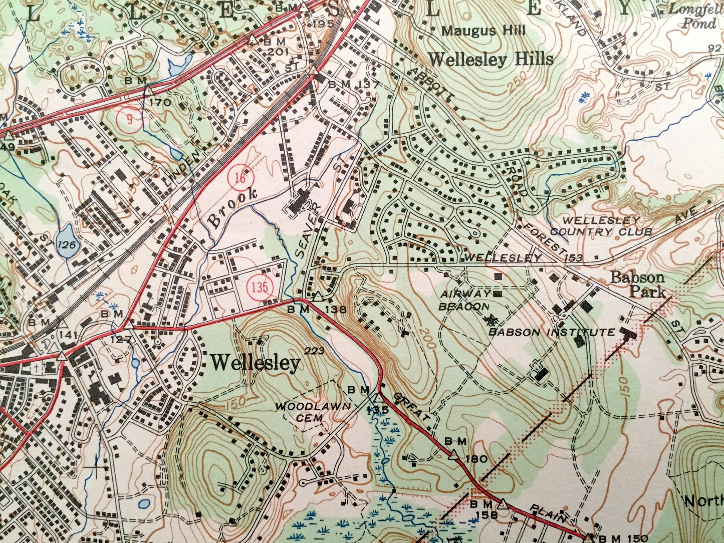Antique Natick, Massachusetts 1943 US Geological Survey Topographic Map – Wellesley, Wayland, Weston, Waltham, Needham, Cochituate, Sherborn