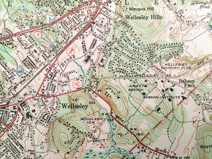 Antique Natick, Massachusetts 1943 US Geological Survey Topographic Map – Wellesley, Wayland, Weston, Waltham, Needham, Cochituate, Sherborn