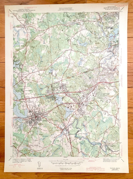 Antique Natick, Massachusetts 1943 US Geological Survey Topographic Map – Wellesley, Wayland, Weston, Waltham, Needham, Cochituate, Sherborn