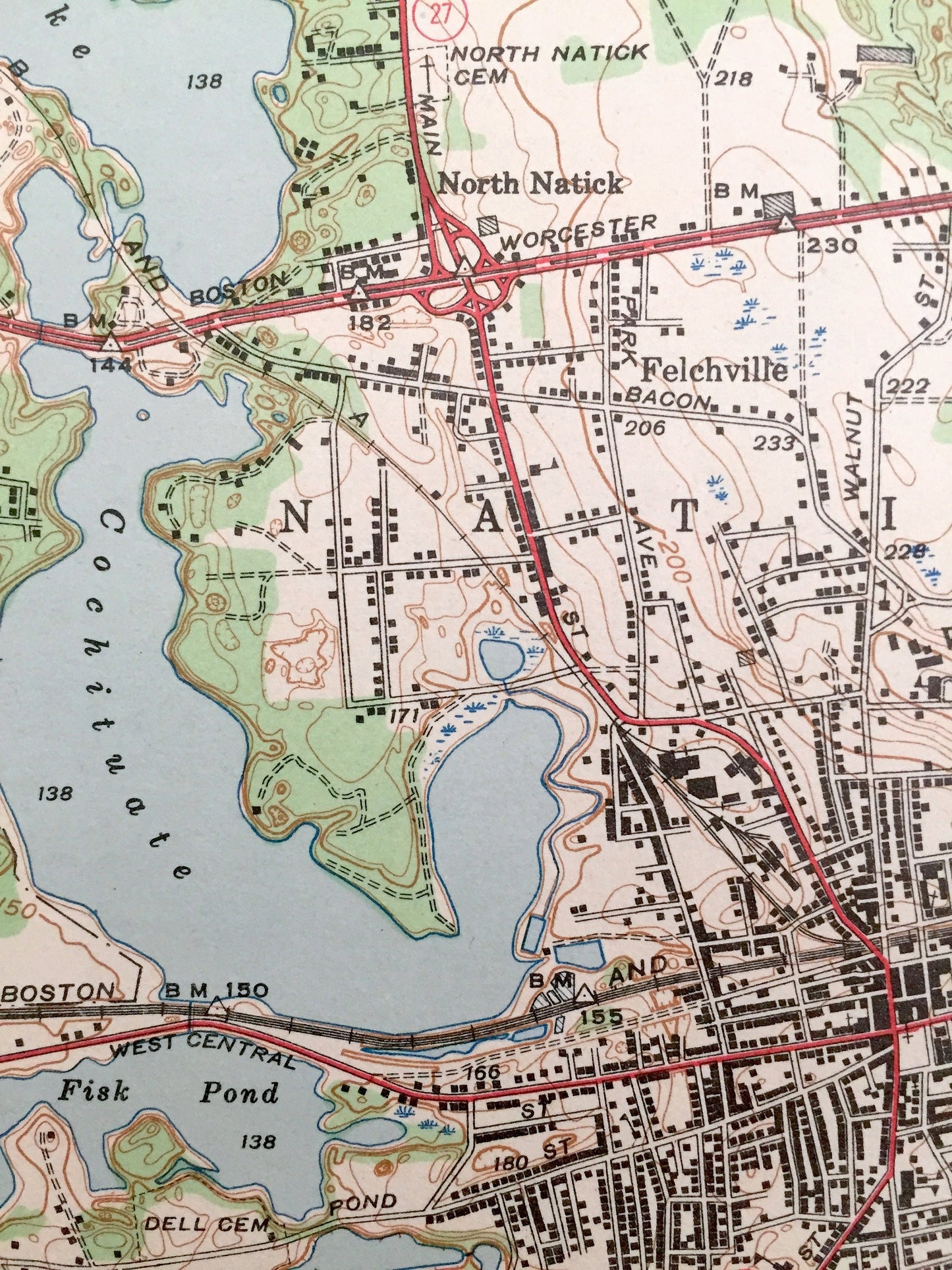 Antique Natick, Massachusetts 1943 US Geological Survey Topographic Map – Wellesley, Wayland, Weston, Waltham, Needham, Cochituate, Sherborn