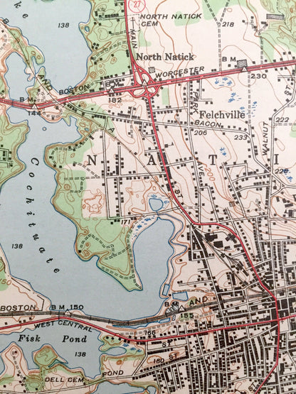 Antique Natick, Massachusetts 1943 US Geological Survey Topographic Map – Wellesley, Wayland, Weston, Waltham, Needham, Cochituate, Sherborn