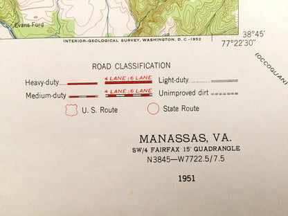 Antique Manassas, Virginia 1951 US Geological Survey Topographic Map – Prince William County, Fairfax, Clifton, Yorkshire, Park, Bull Run VA
