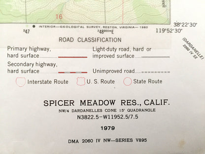 Antique Spicer Meadow Reservoir, California 1979 US Geological Survey Topographic Map – Tuolumne Co, Lake Alpine, Henry Peak, Bull Run Peak