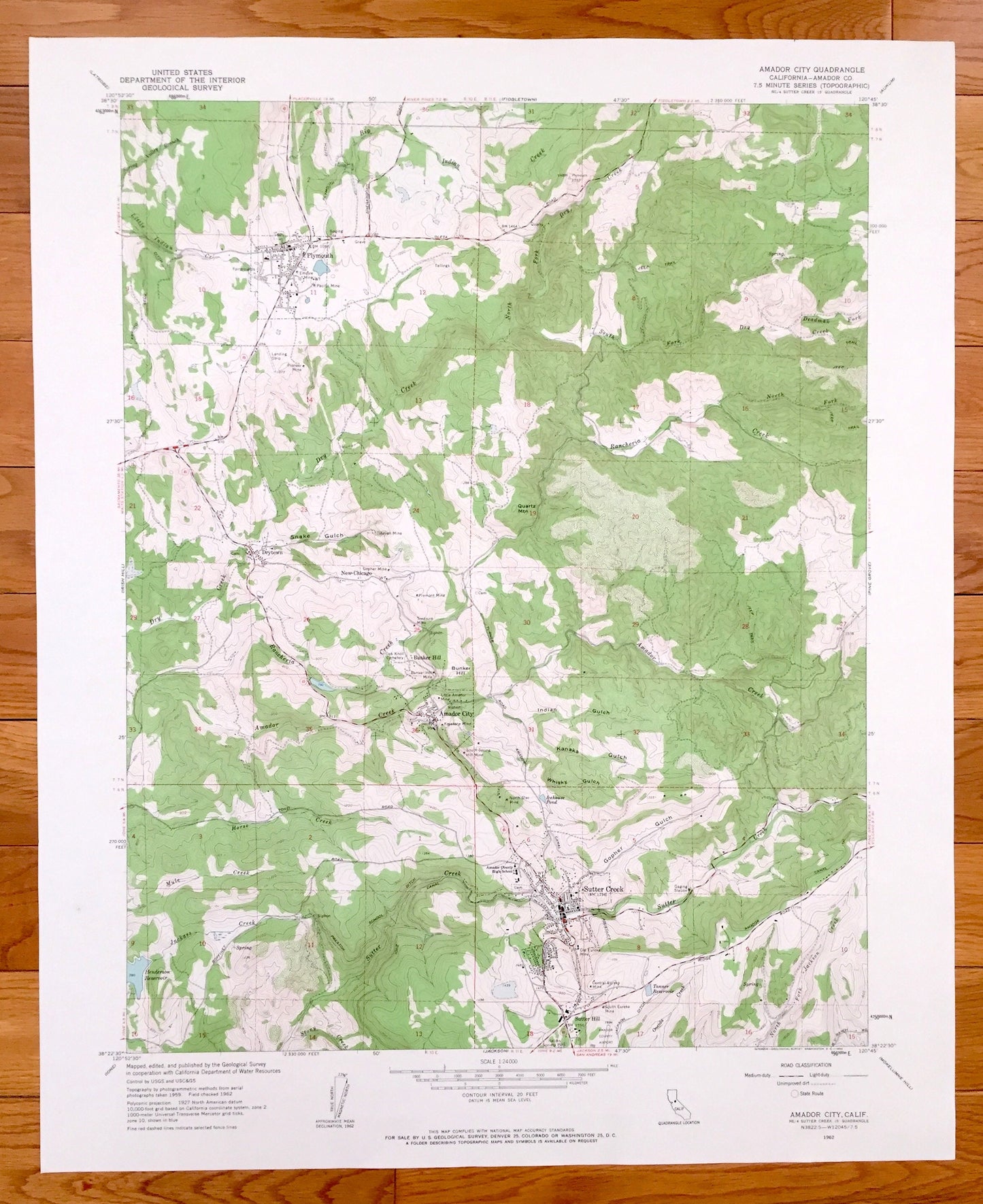 Antique Amador City, California 1962 US Geological Survey Topographic Map – County, Sutter Creek, Hill, Plymouth, Drytown, Whitney Museum CA
