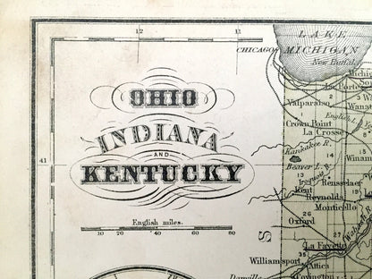 Antique Ohio, Indiana & Kentucky 1866 Rand McNally Map – Terre Haute, Indianapolis, Cleveland, Cincinnati, Louisville, Lexington, Akron