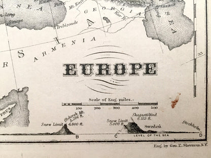 Antique Europe 1866 Rand McNally Map – England, France, Spain, Prussia, Austria, Turkey, Russia, Siberia, Italy, Norway, Sweden, Portugal