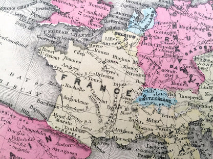 Antique Europe 1866 Rand McNally Map – England, France, Spain, Prussia, Austria, Turkey, Russia, Siberia, Italy, Norway, Sweden, Portugal