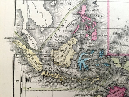 Antique Oceania 1866 Rand McNally Map – Australia, New Zealand, Tasmania, Polynesia, Philippines, Hawaii, Borneo, Sumatra, Java, Malaysia