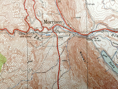 Antique Morrison, Colorado 1938 US Geological Survey Topographic Map – Golden, Idledale, Red Rocks, Jefferson County, Green Mountain