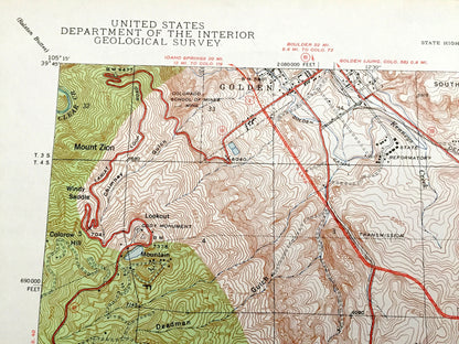 Antique Morrison, Colorado 1938 US Geological Survey Topographic Map – Golden, Idledale, Red Rocks, Jefferson County, Green Mountain