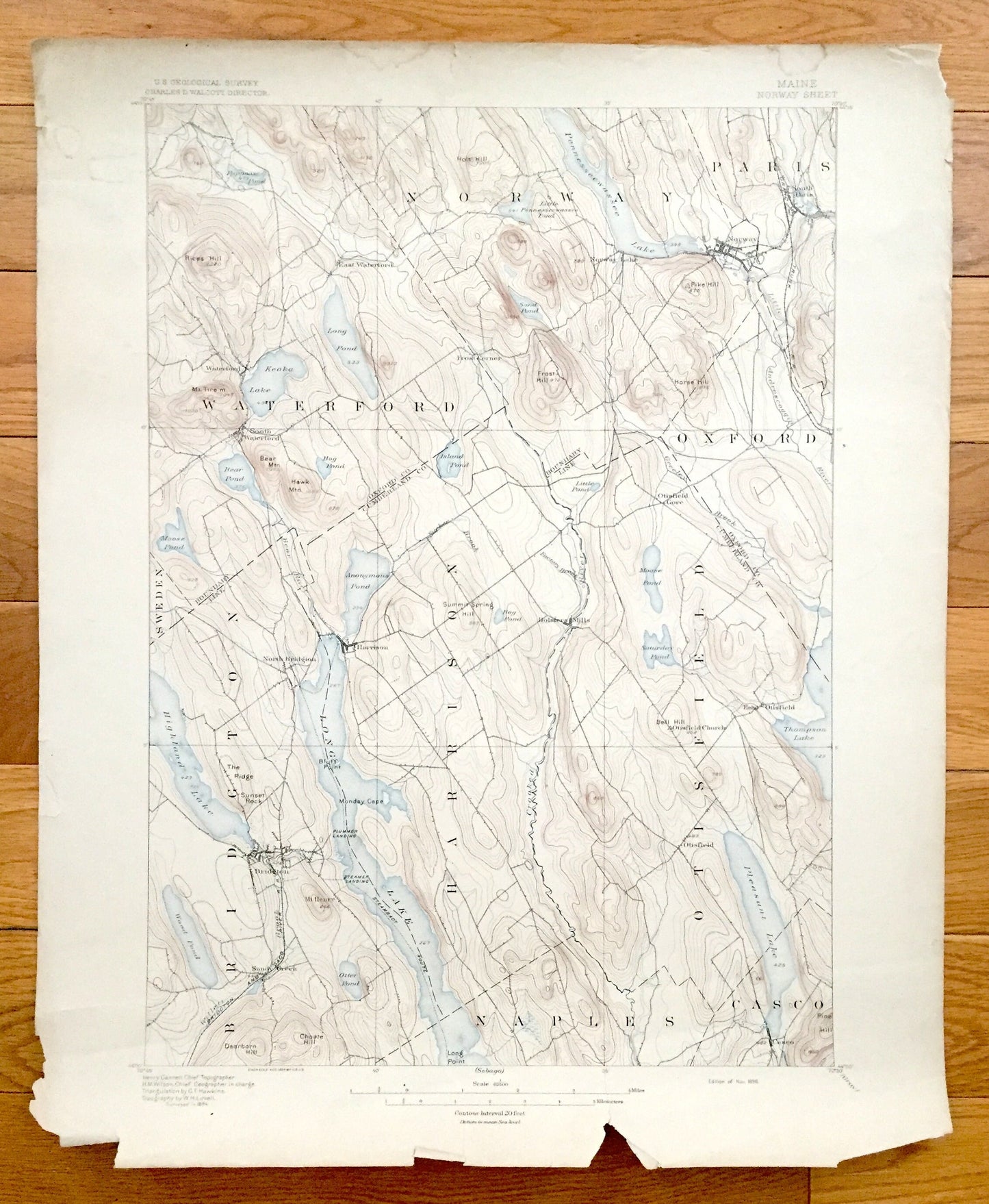 Antique Norway, Maine 1896 US Geological Survey Topographic Map – Long Lake, Waterford, Harrison, Paris, Bridgton, Otisfield, Oxford, ME