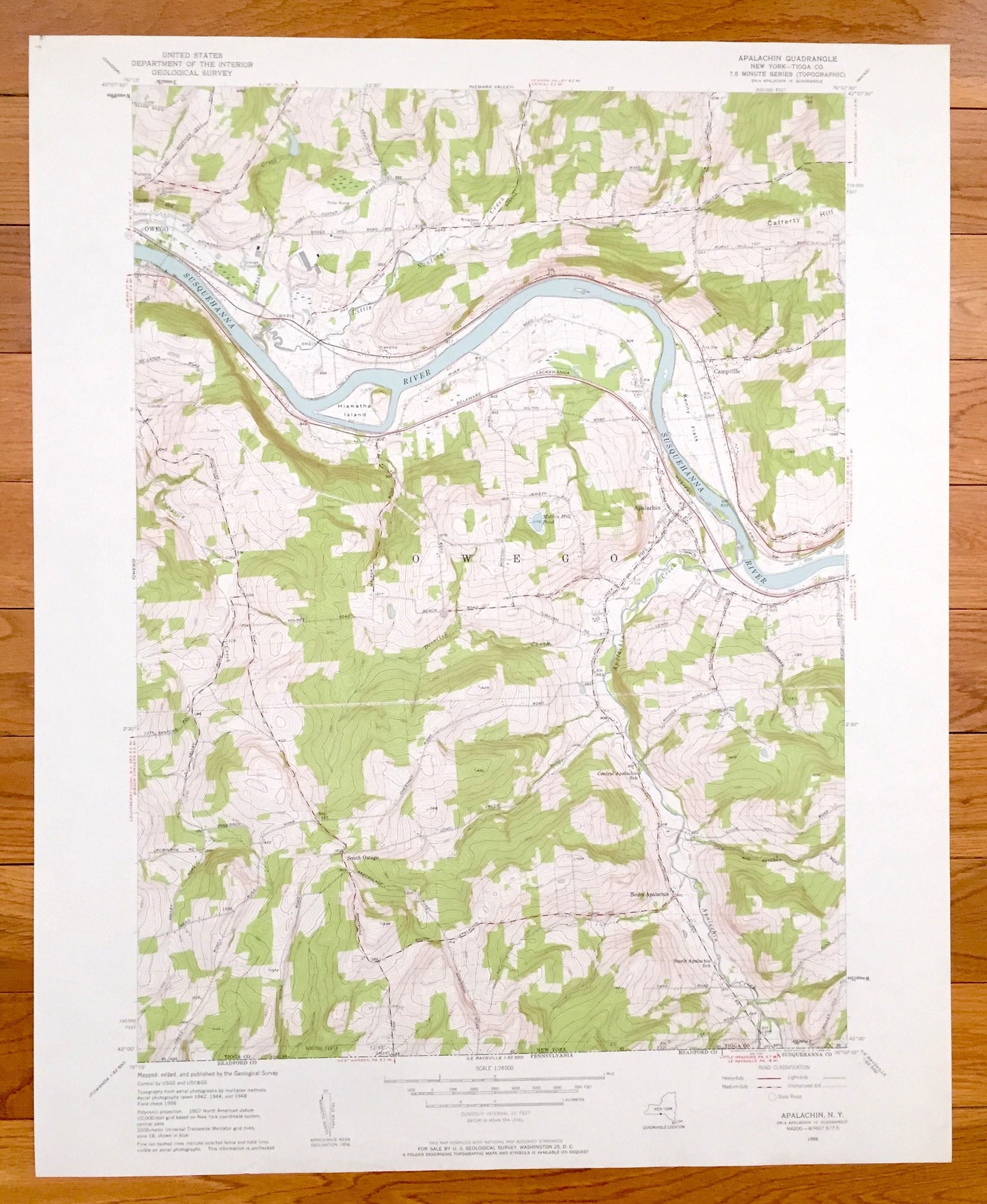 Antique Apalachin, New York 1956 US Geological Survey Topographic Map – Tioga County, Owego, Campville, Susquehanna River Hiawatha Island NY