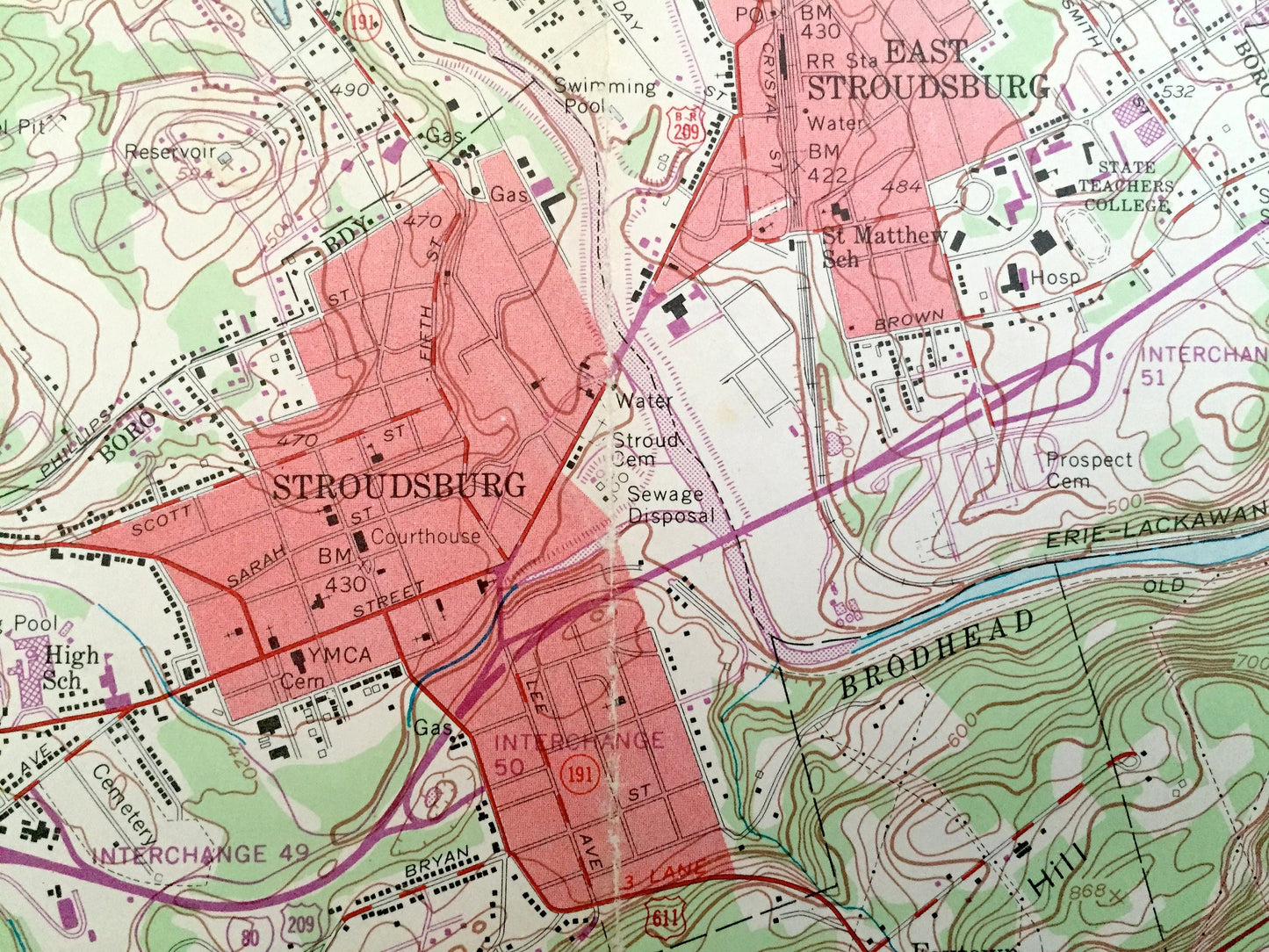 Antique Stroudsburg, Pennsylvania & NJ 1955 US Geological Survey Topographic Map – Monroe County, Arlington Heights, Bangor, Pen Argyl Stier