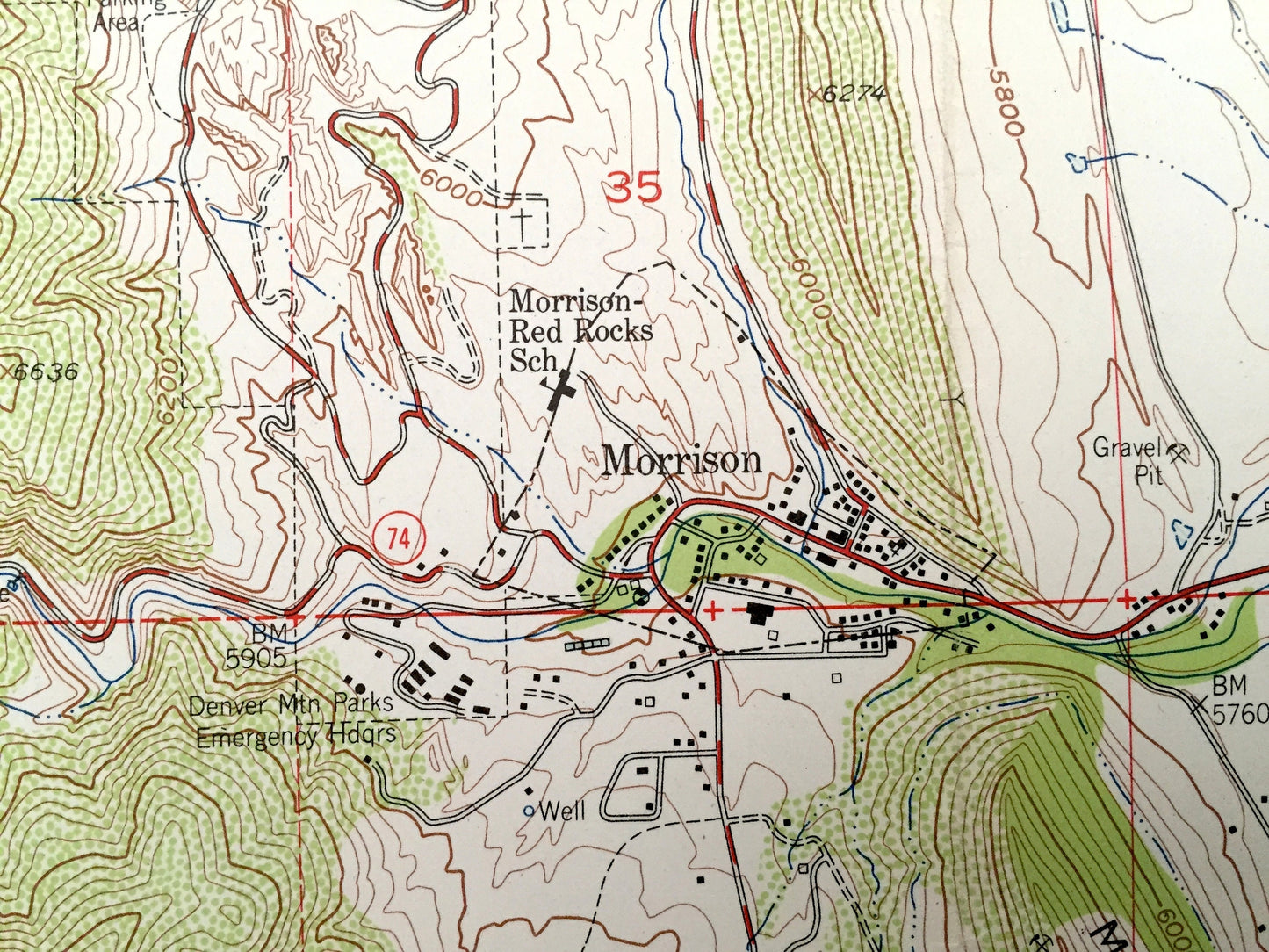 Antique Morrison, Colorado 1957 US Geological Survey Topographic Map – Red Rocks, Green Mountain, Golden, Idledale, Pleasant View, Edgemont