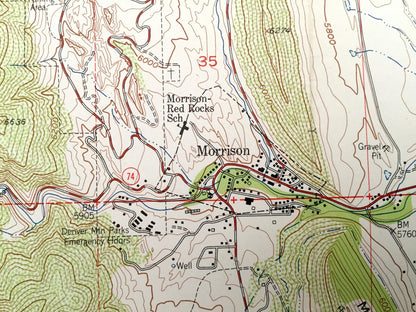 Antique Morrison, Colorado 1957 US Geological Survey Topographic Map – Red Rocks, Green Mountain, Golden, Idledale, Pleasant View, Edgemont