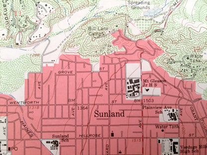 Antique Sunland, California 1966 US Geological Survey Topographic Map – Los Angeles County, Glendale, Tujunga Cottonwood Glen Indian Springs