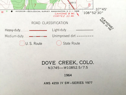 Antique Dove Creek, Colorado 1964 US Geological Survey Topographic Map – Dolores Creek, West Branch Canyon, Monument Creek, Chico Creek