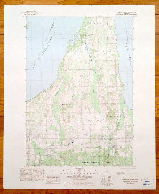 Antique Williamsburg, Michigan 1983 US Geological Survey Topographic Map – Whitewater, Elk Rapids, Acme, Angel, Yuba, Bates, Grand Traverse