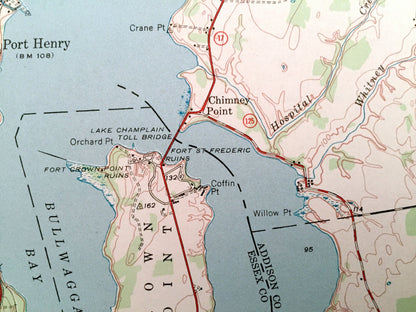 Antique Port Henry, New York 1945 US Geological Survey Topographic Map –  Lake Champlain, Lewis, Essex, Westport, Moriah, Vermont NY VT