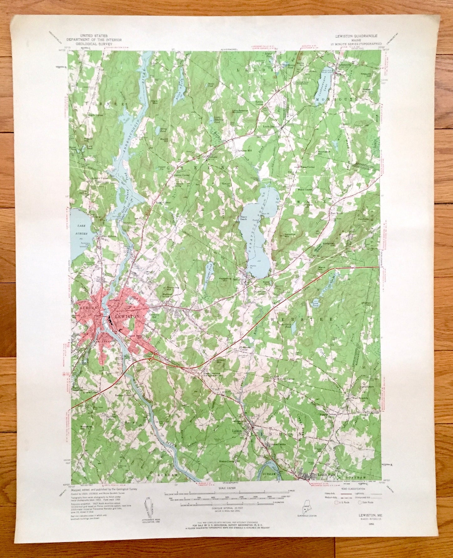 Antique Lewiston-Auburn, Maine 1956 US Geological Survey Topographic Map – Lisbon Falls, Webster, Greene, Wales, Androdscoggin County, ME