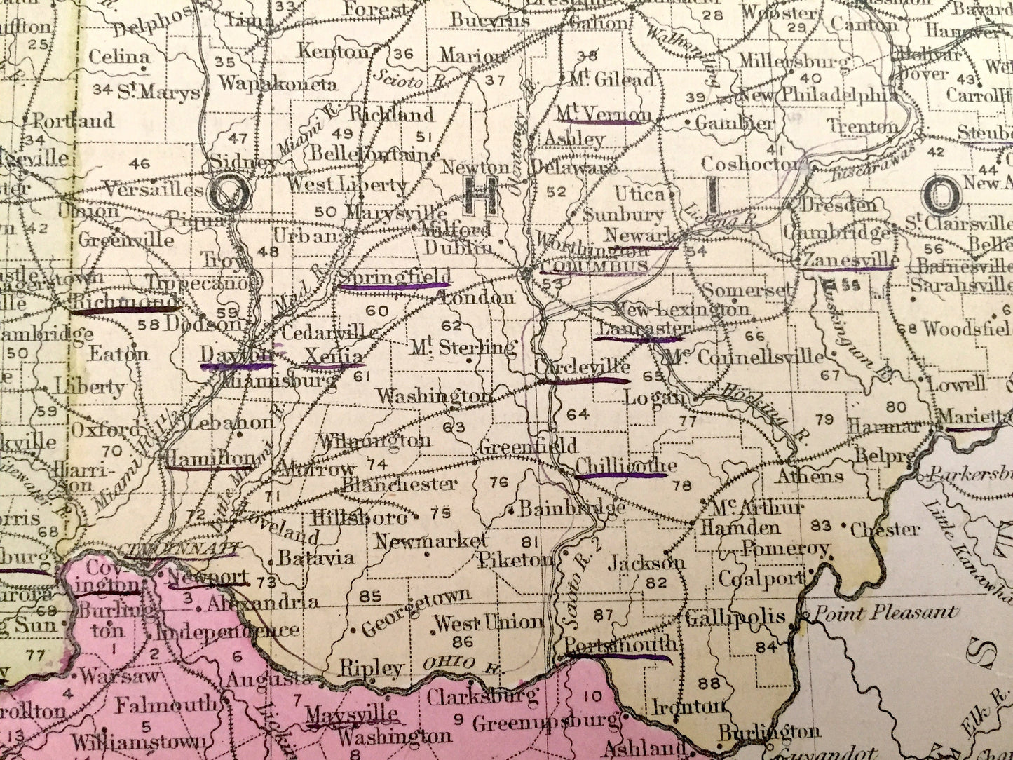 Antique Ohio, Indiana & Kentucky 1866 Rand McNally Map – Terre Haute, Indianapolis, Cleveland, Cincinnati, Louisville, Lexington, Akron