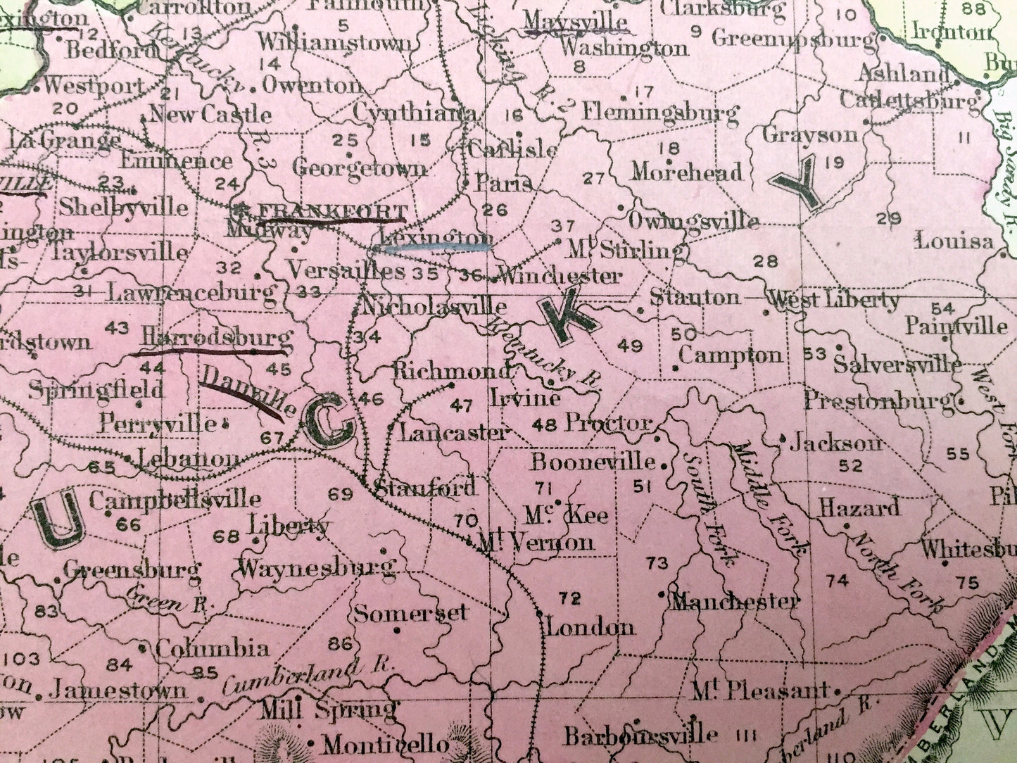Antique Ohio, Indiana & Kentucky 1866 Rand McNally Map – Terre Haute, Indianapolis, Cleveland, Cincinnati, Louisville, Lexington, Akron