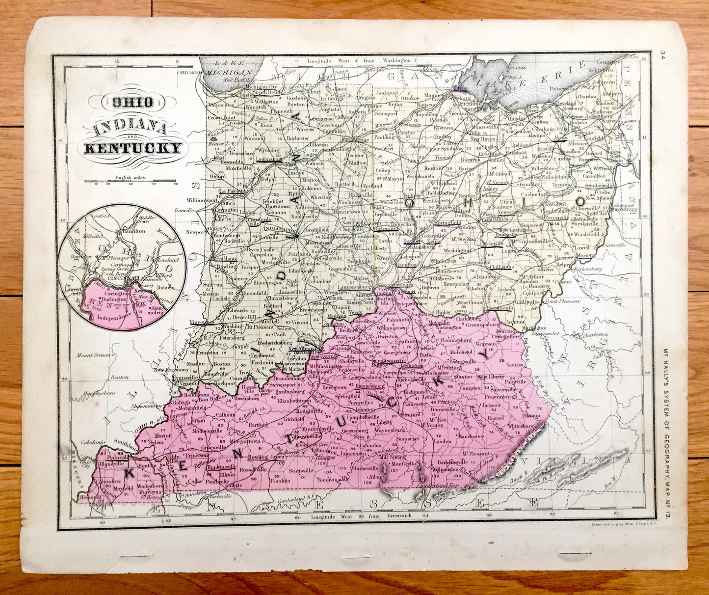 Antique Ohio, Indiana & Kentucky 1866 Rand McNally Map – Terre Haute, Indianapolis, Cleveland, Cincinnati, Louisville, Lexington, Akron
