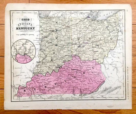 Antique Ohio, Indiana & Kentucky 1866 Rand McNally Map – Terre Haute, Indianapolis, Cleveland, Cincinnati, Louisville, Lexington, Akron