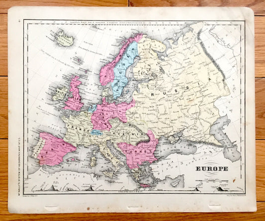 Antique Europe 1866 Rand McNally Map – England, France, Spain, Prussia, Austria, Turkey, Russia, Siberia, Italy, Norway, Sweden, Portugal